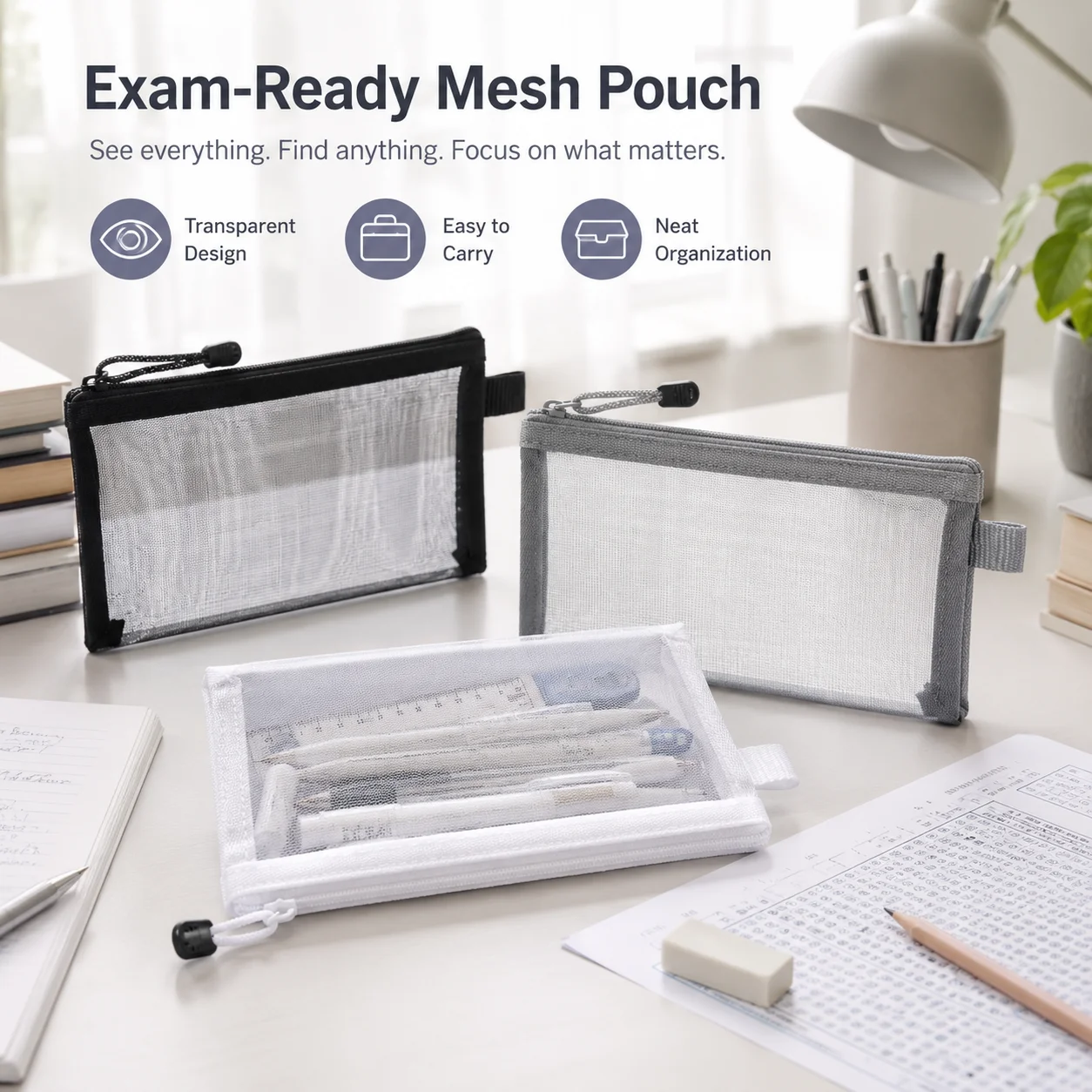 Clear Mesh Pencil Pouch For Exam - 透明メッシュペンバッグ、試験用クリアペンシルケース、学校事務用品用ジッパー付き文房具ポーチ
