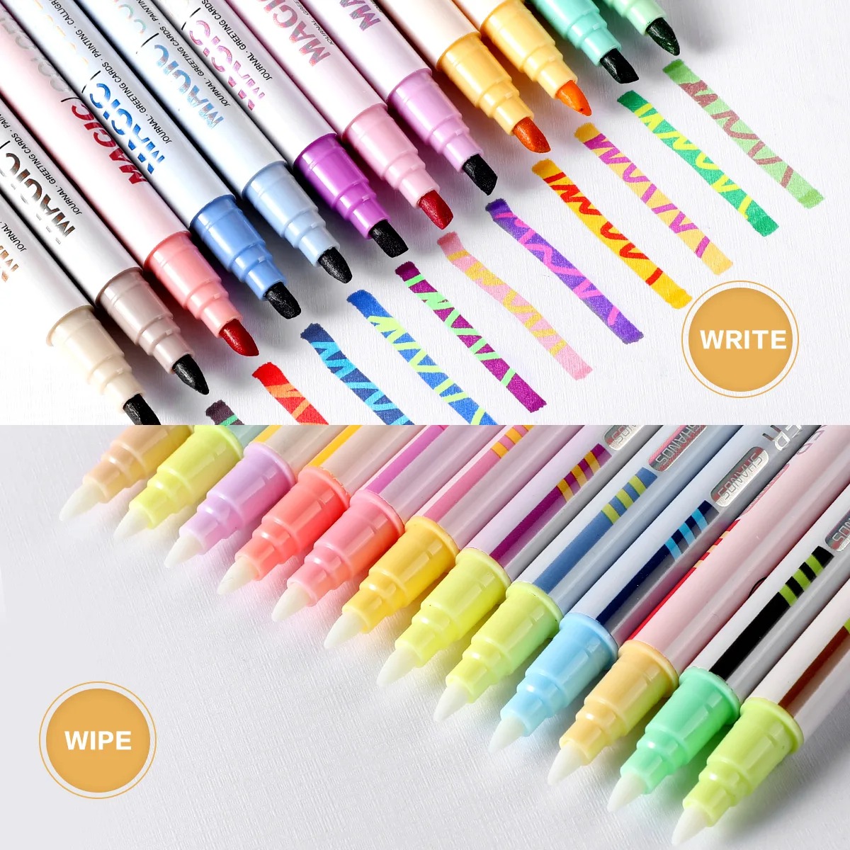 Pastel Highlighter Set Double Ended - 12本入り両端マジックカラーチェンジハイライターペンセット、学生日記スクラップブックペイントDIY作成、教室やオフィス用S