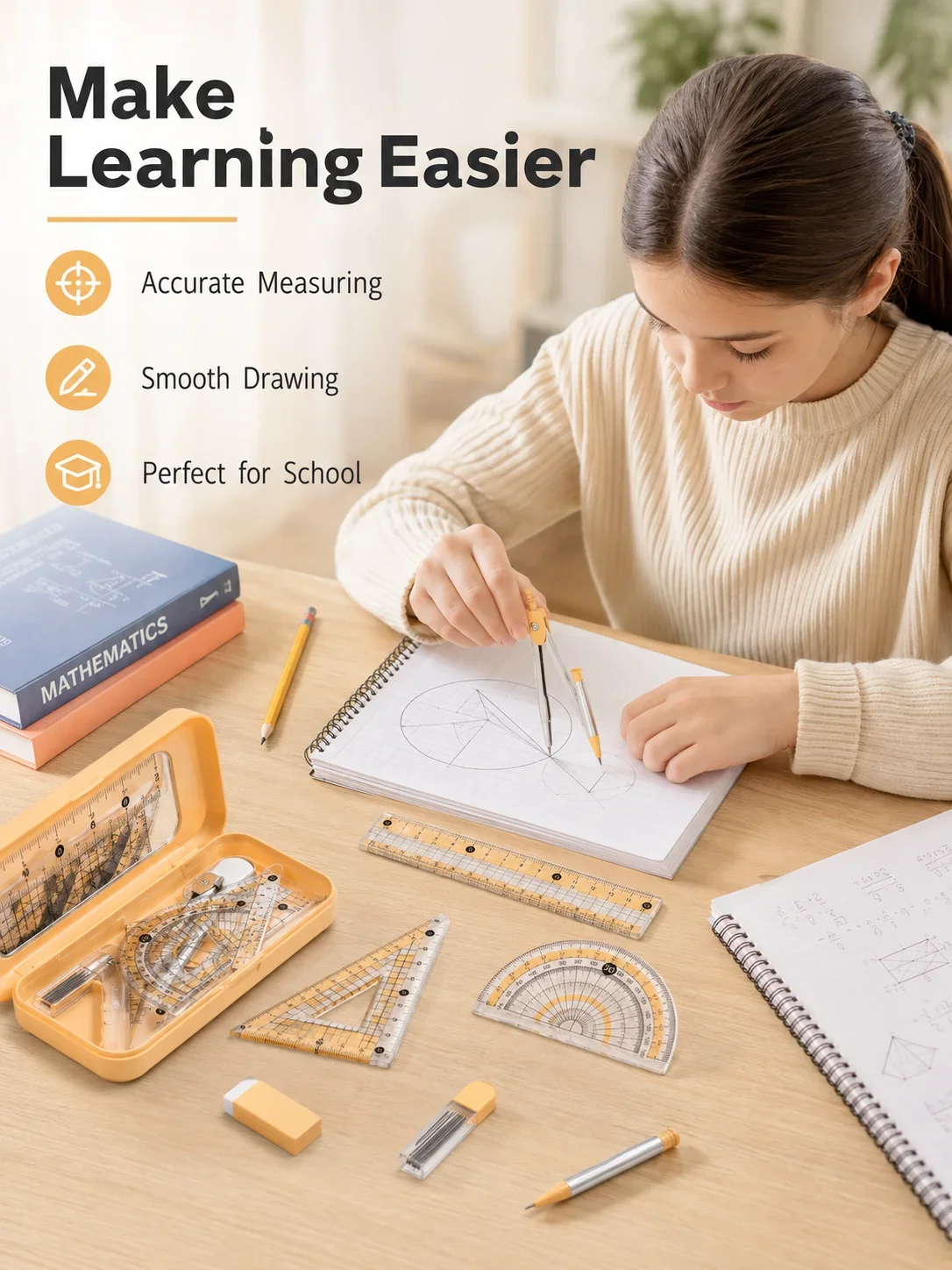 Math Geometry Set With Compass - 学生向け8点セット数学幾何学セット、コンパス、分度器、定規、三角定規、測定・製図ツールキットギフト