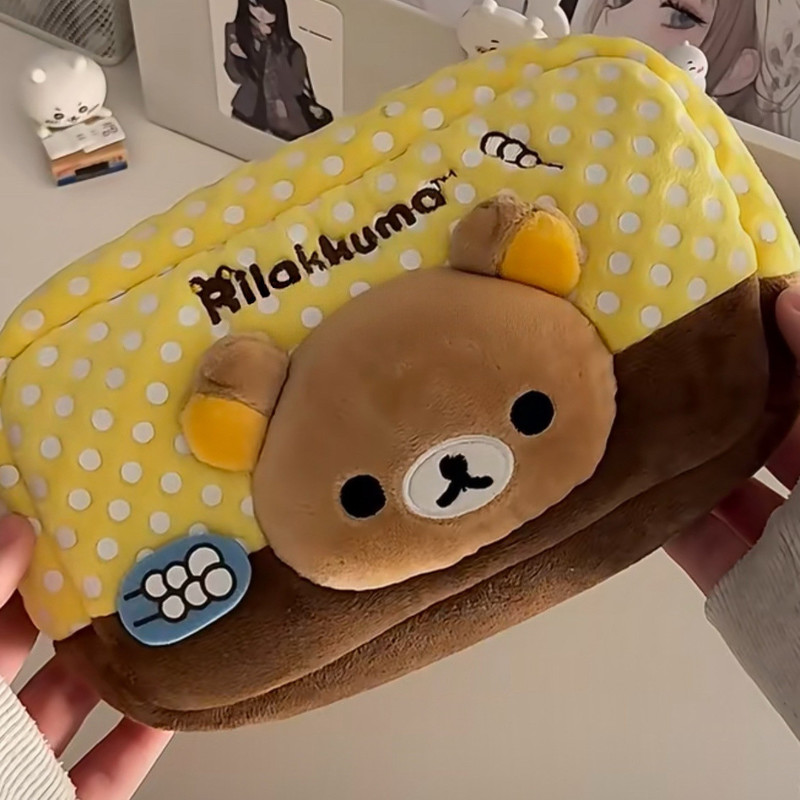 Aesthetic Large Pencil Case Pouch - リラックマぬいぐるみペンケース和風水玉模様大容量インスタイル高美的ニッチかわいいクマポーチ学生用