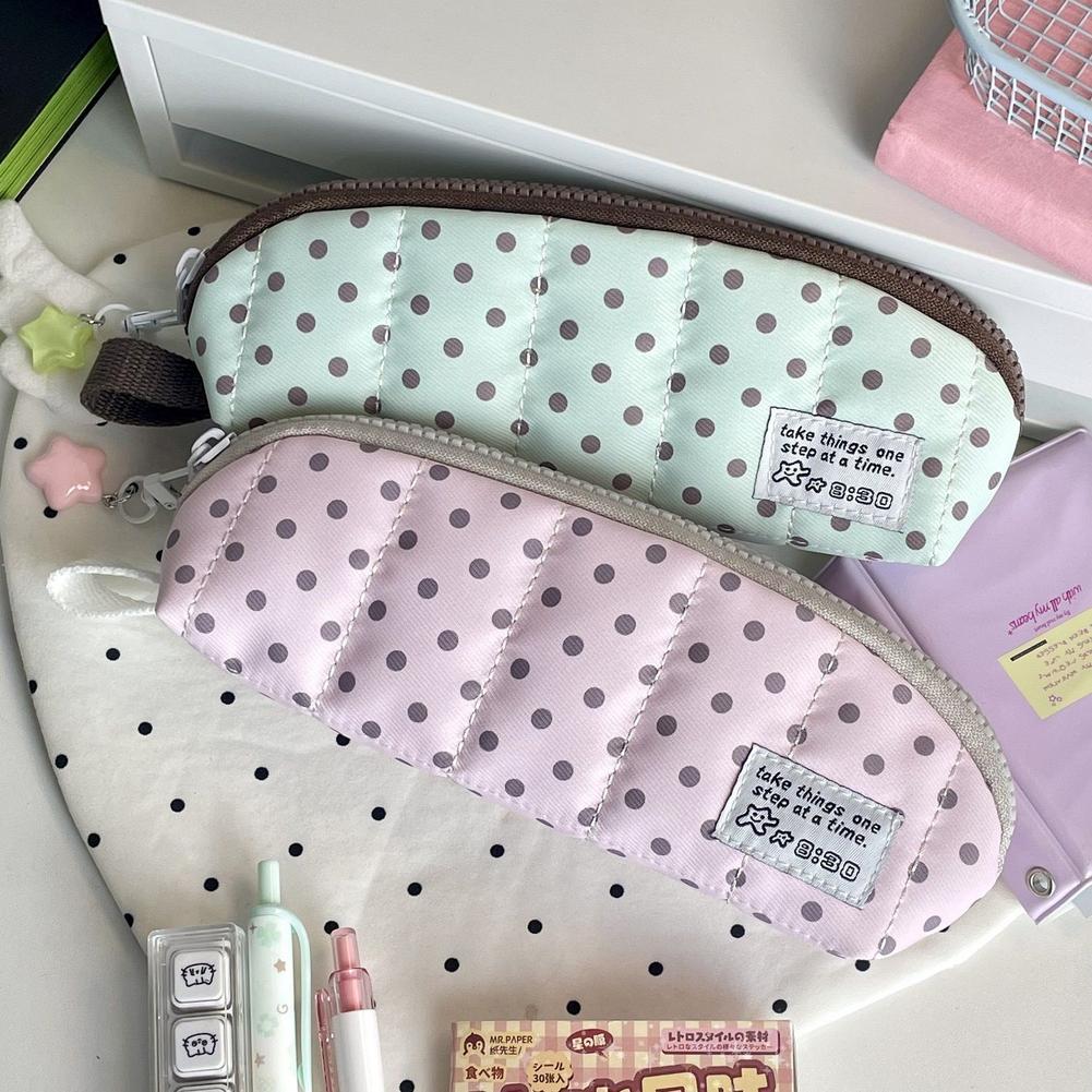 Aesthetic Large Pencil Case Pouch - おしゃれな水玉模様ペンケース ポータブル韓国風ペンポーチ 手持ち式大容量文房具オーガナイザー 学生向け