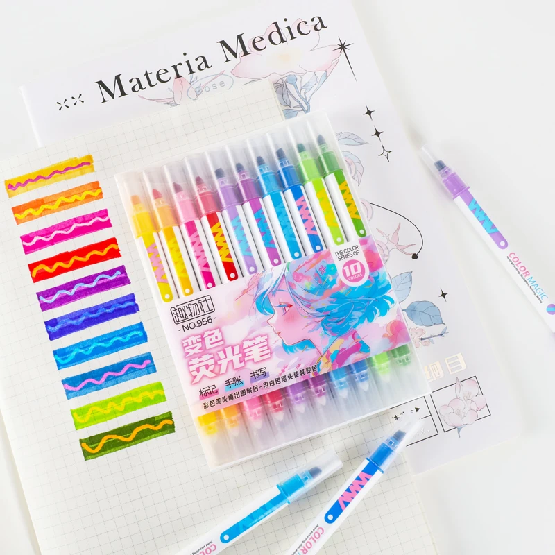 Pastel Highlighter Set Double Ended - 10 個ダブルエンドマジック変色蛍光ペンセット学生日記スクラップブック絵画 DIY 作成、オフィスかわいい文具