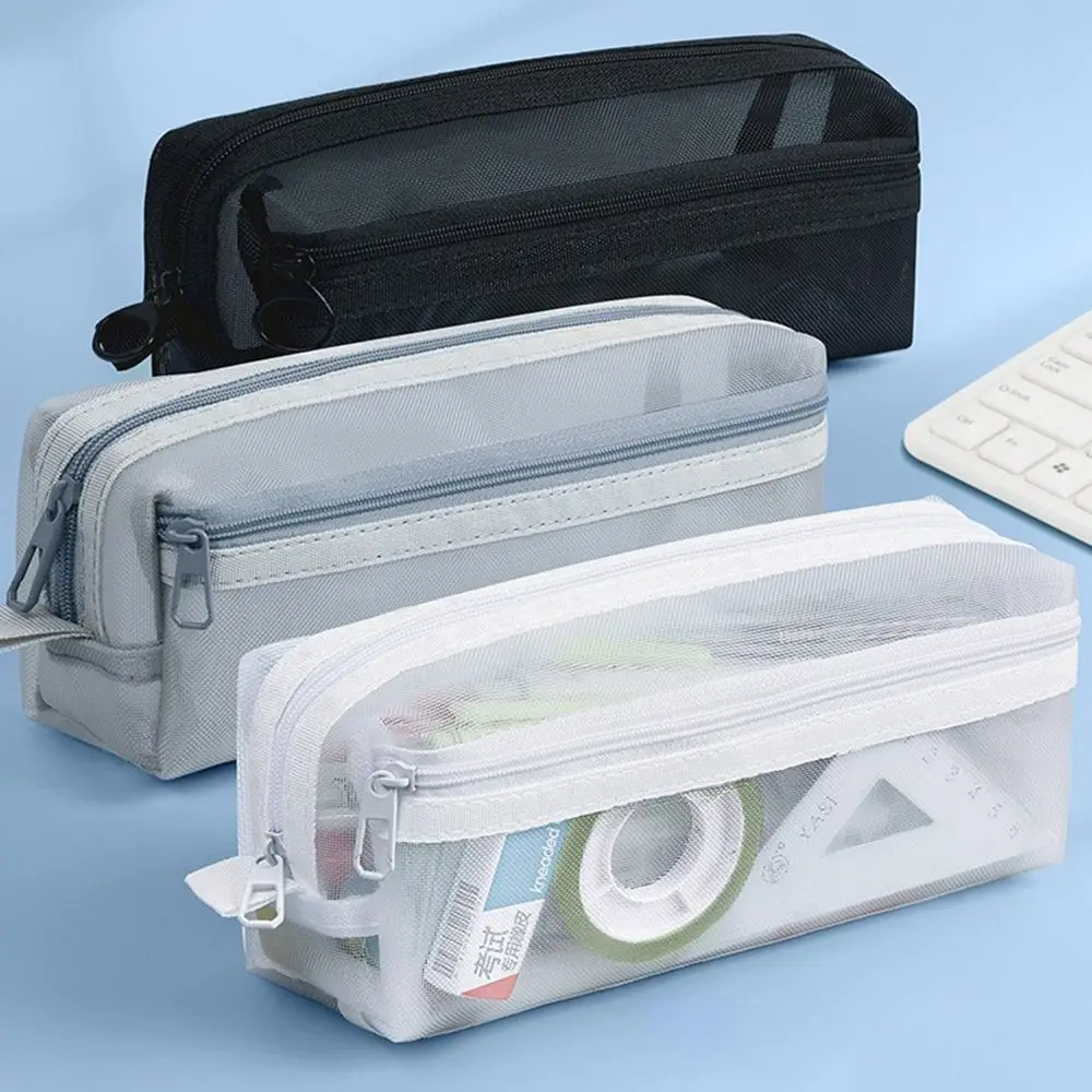 Clear Mesh Pencil Pouch For Exam - 大容量二層メッシュペンオーガナイザー、学生、教師、試験用品用の透明ジッパーポーチ付き