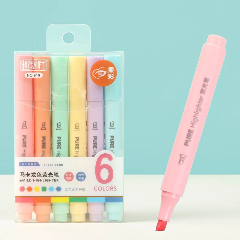 Pastel Highlighter Set Double Ended - パステル蛍光ペン 6 本 - マカロンカラーマーカーセット、学校、オフィス、学習文具用のかわいい蛍光描画ペン