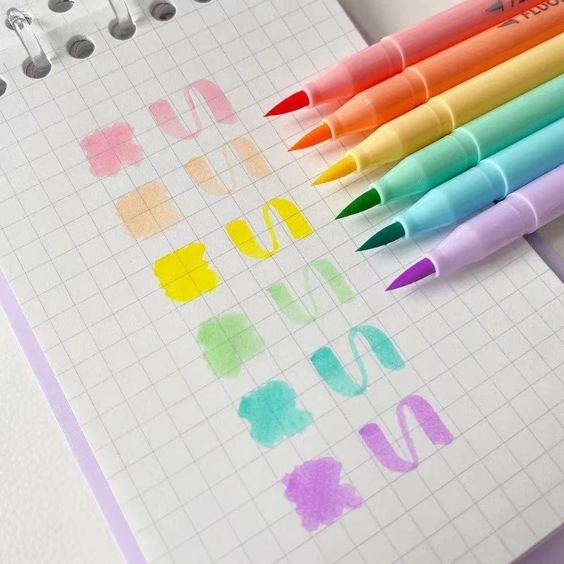 Pastel Highlighter Set Double Ended - 6 色ソフトブラシ蛍光ペンセットパステルマーカーブラシセットアートカラーハイライター書道ペン文具用品