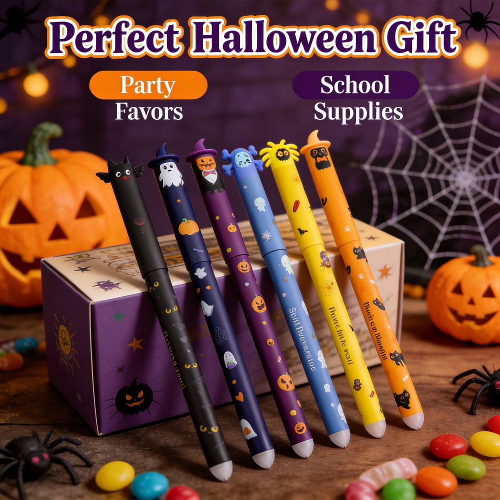 Retractable Eraser Pen Click - 1-6本入り ハロウィン消せるゲルペン、0.7mm クリック式格納ペンセット、かわいいゴースト・パンプキン・バットデザイン、学生・学校・オフィス向け筆記ギフト