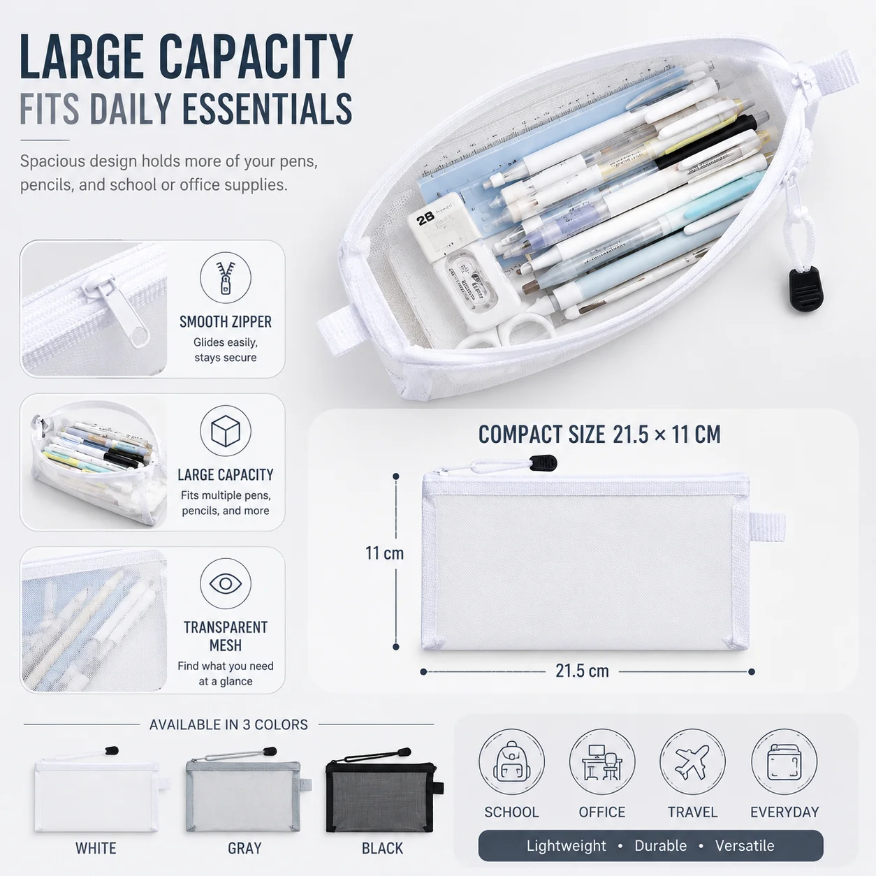 Clear Mesh Pencil Pouch For Exam - 透明メッシュペンバッグ、試験用クリアペンケース、学校事務用品用ジッパー付き文具ポーチ
