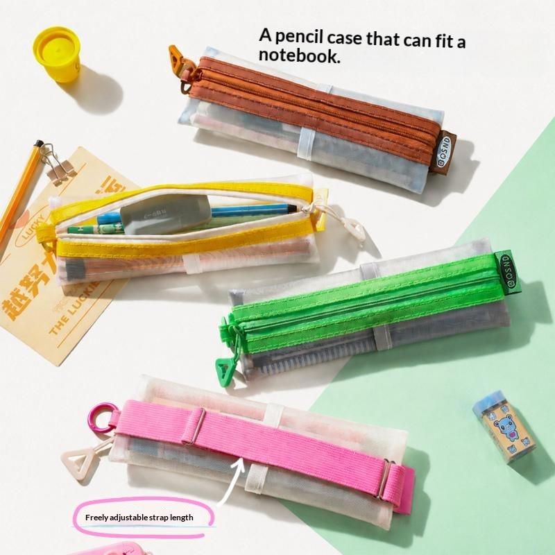 Clear Mesh Pencil Pouch For Exam - 透明メッシュペンシルポーチ、ダブルジッパー、調節可能な固定ストラップ、通気性のあるクリア文房具バッグ、学生試験用