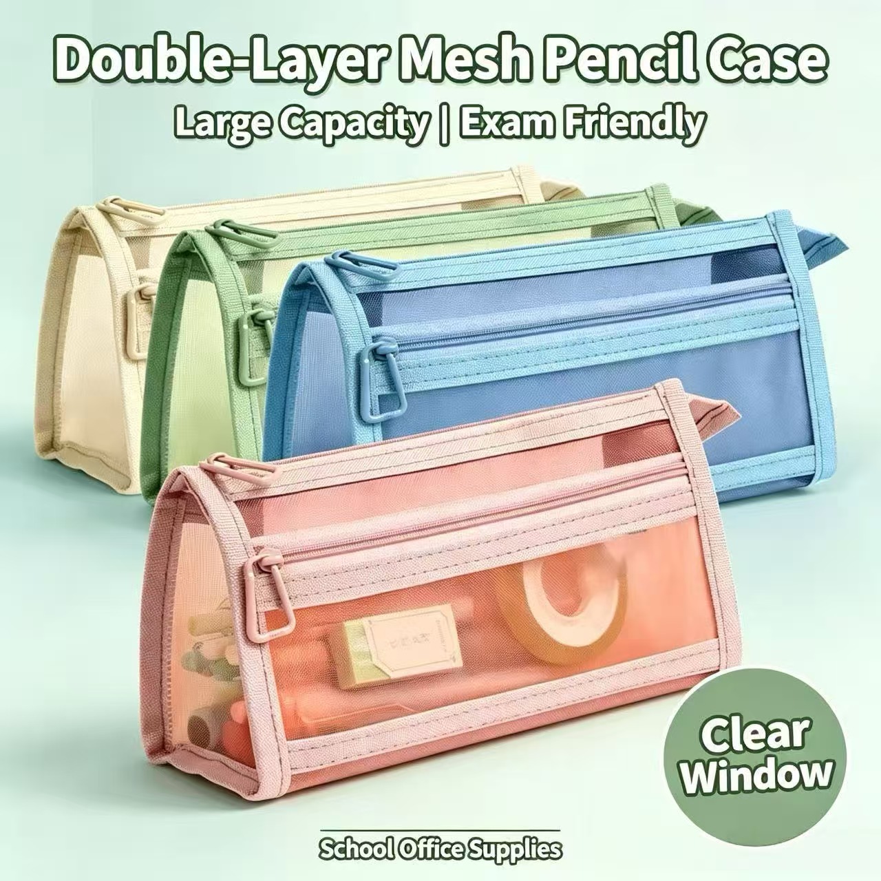 二重層クリアメッシュペンケース大容量透明ペンバッグシンプルな - Clear Mesh Pencil Pouch For Exam のレビューと価格