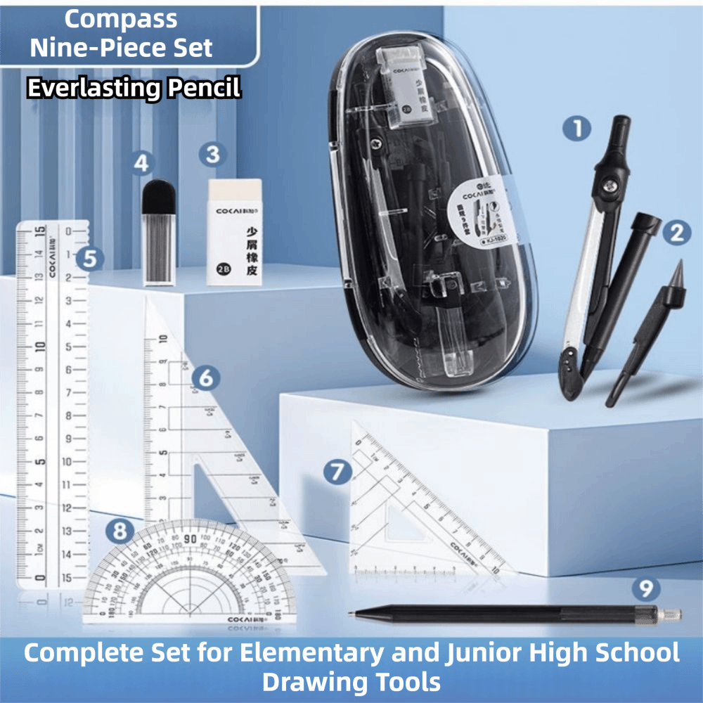 9 ピース/セット直線定規数学幾何学キット分度器コンパス透明 - Math Geometry Set With Compass のレビューと価格