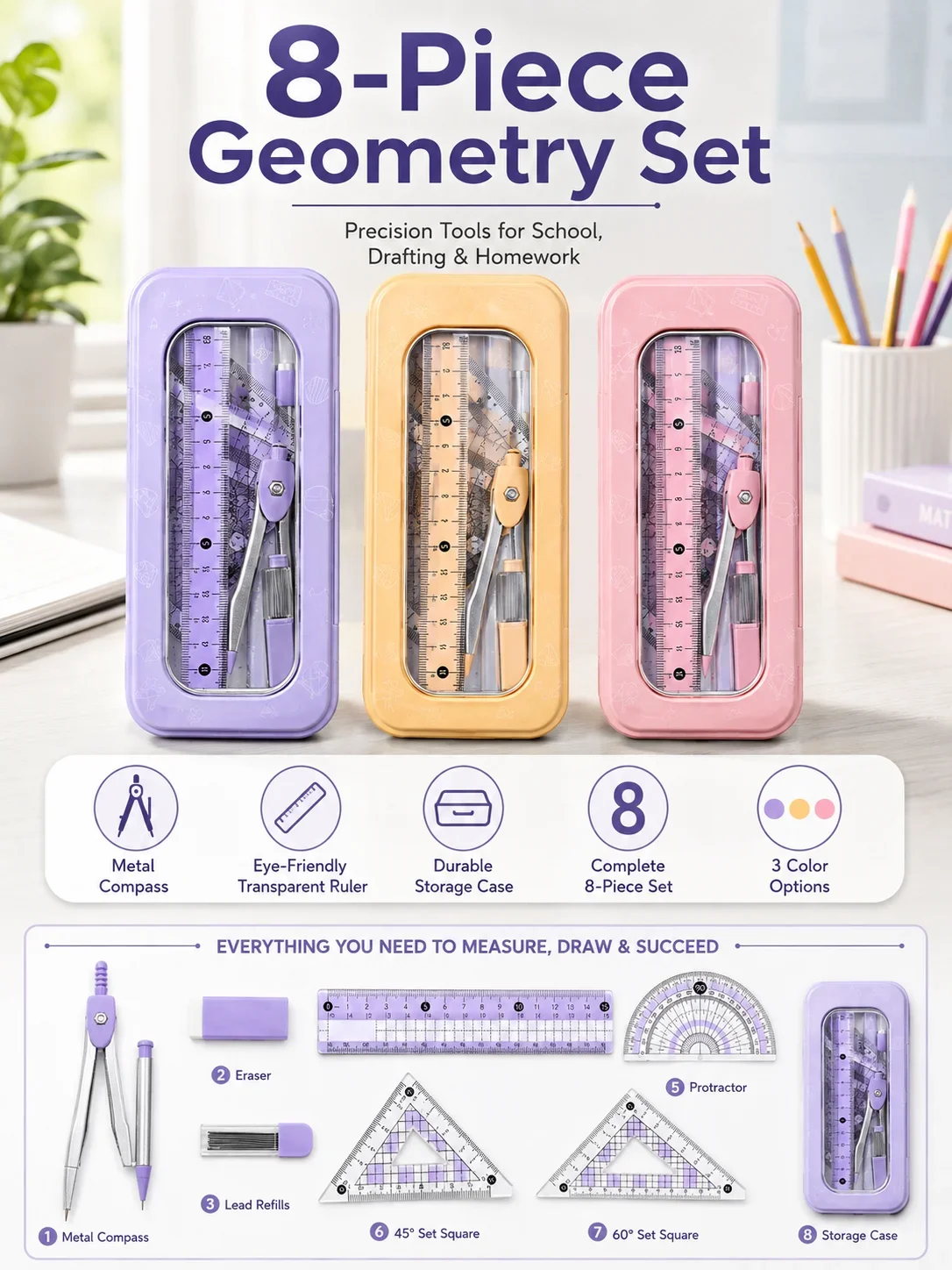 学生向け8点セット数学幾何学セット、コンパス、分度器、定規、 - Math Geometry Set With Compass のレビューと価格