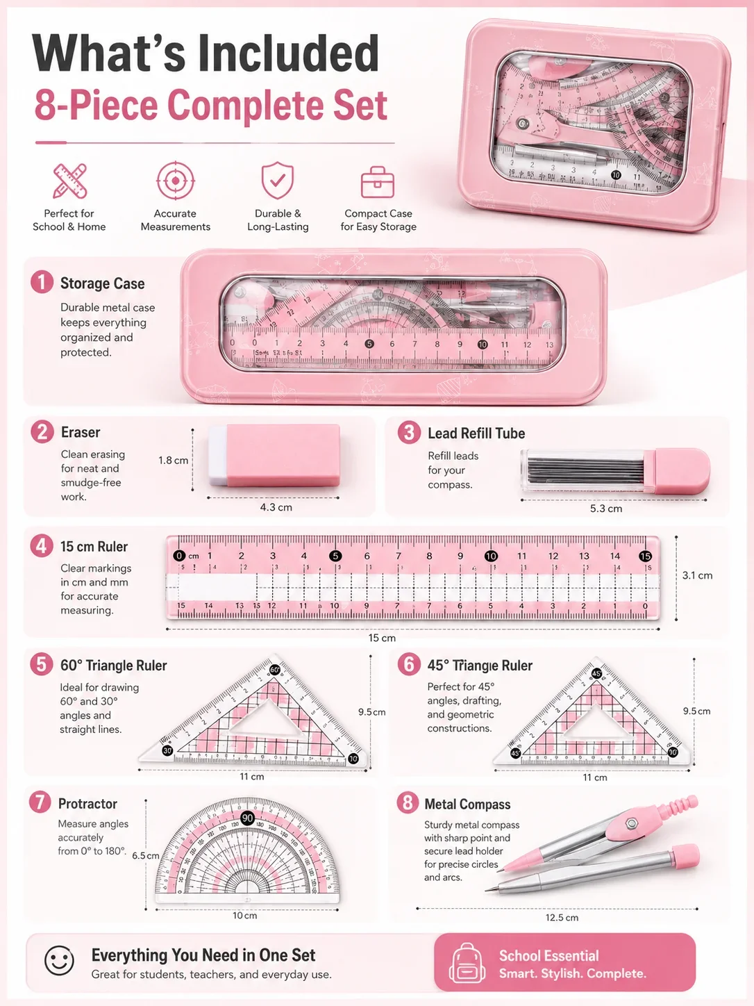 学生向け8点セット数学幾何学セット、コンパス、分度器、定規、 - Math Geometry Set With Compass のレビューと価格