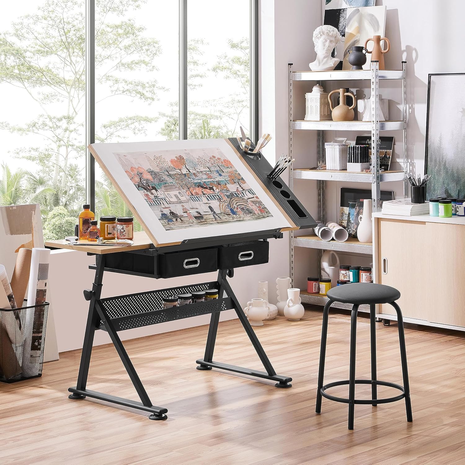 調整可能な製図台アートデスク（お揃いのスツール付き）、傾斜式 - Office Furniture のレビューと価格