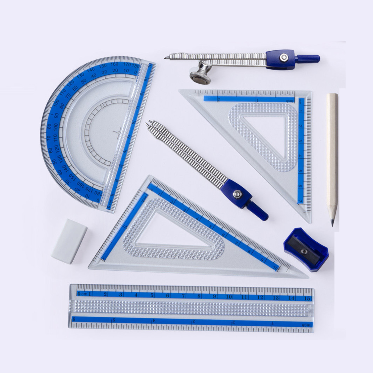 10点セット 幾何学数学セット 飛散防止収納ボックス 定規  - Math Geometry Set With Compass のレビューと価格