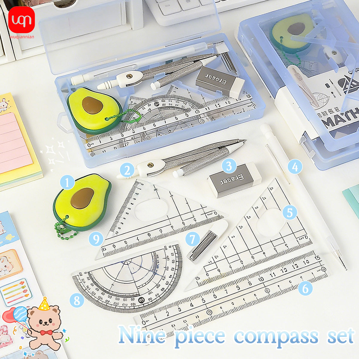 9点セット 学生用数学コンパス 幾何学セット 定規 分度器  - Math Geometry Set With Compass のレビューと価格